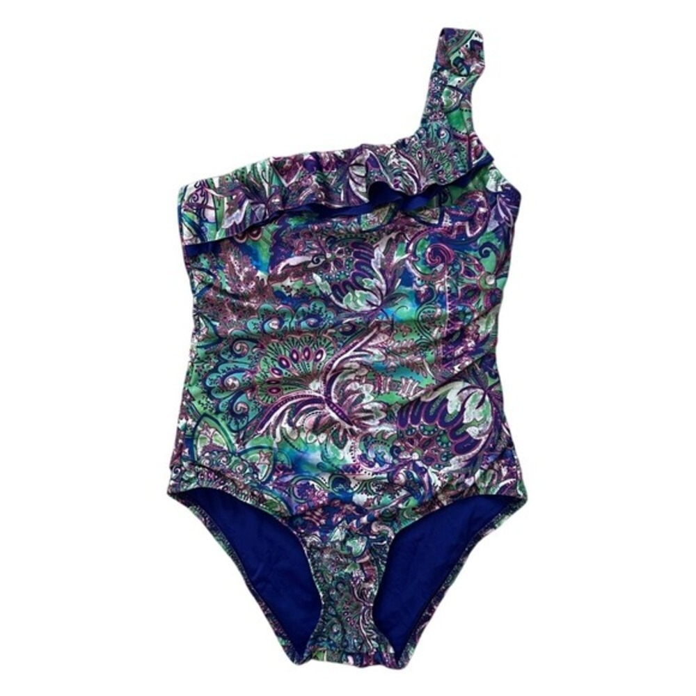 Becca‎ One Shoulder Ruffle Paisley Print Swimsuit One Piece Bathing Suit Medium